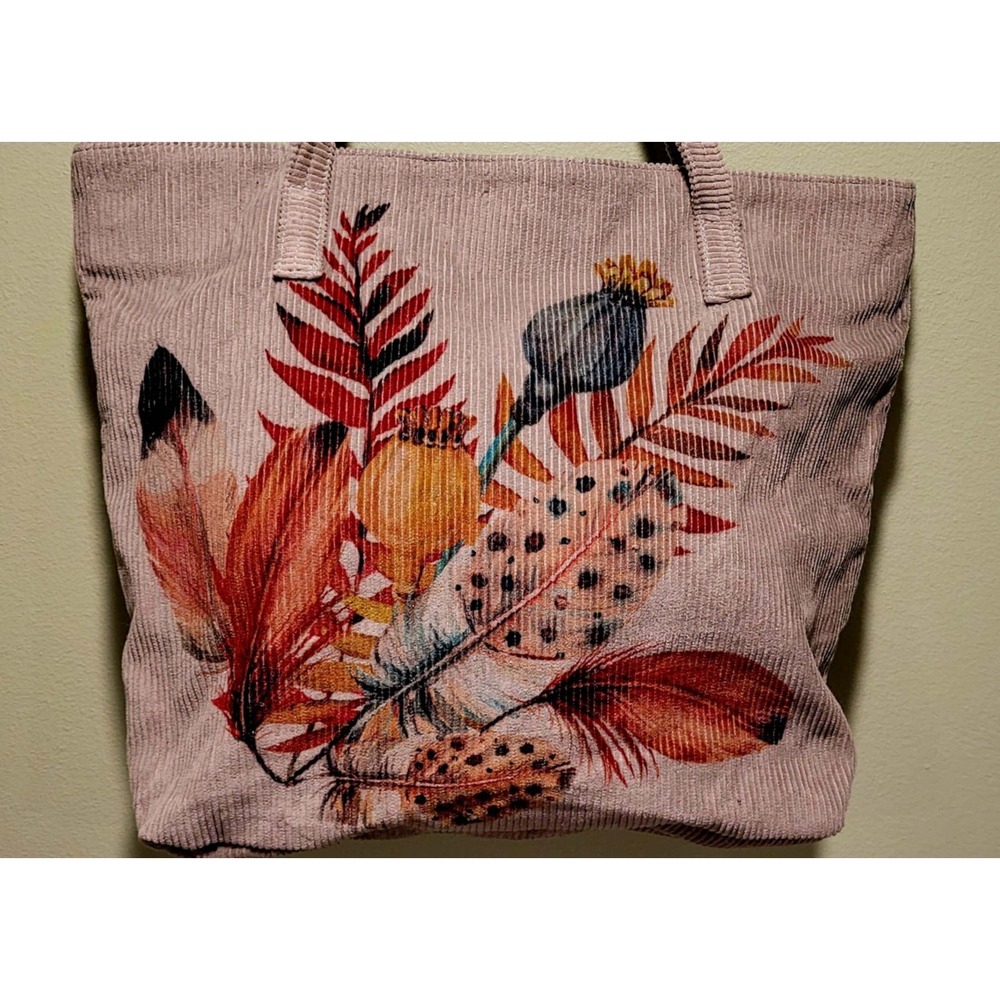 Super Cute Cotton Curls Boutique Tan Corduroy Tote Bag Botanical Graphic